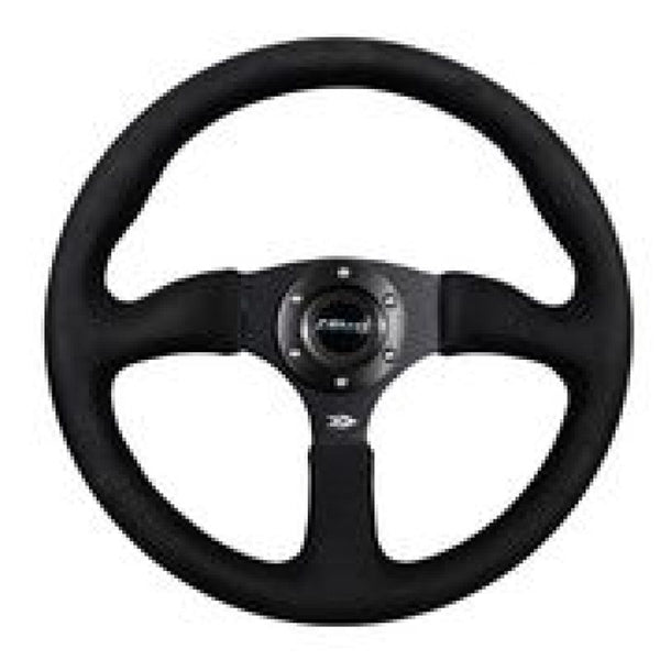 NRG Reinforced Steering Wheel (350mm / 2.5in. Deep)Blk Alcantara Comfort Grip w/4mm Matte Blk Spokes - Bull Strap