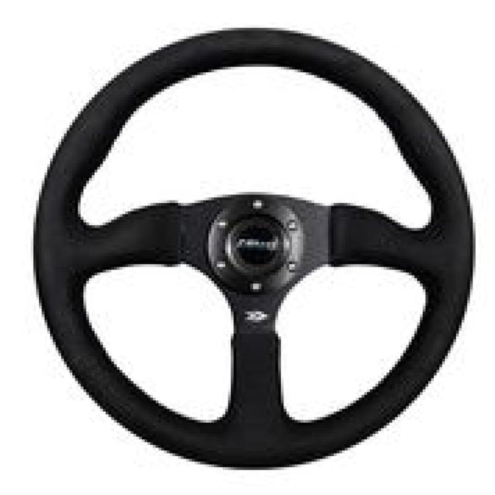 NRG Reinforced Steering Wheel (350mm / 2.5in. Deep)Blk Alcantara Comfort Grip w/4mm Matte Blk Spokes - Bull Strap