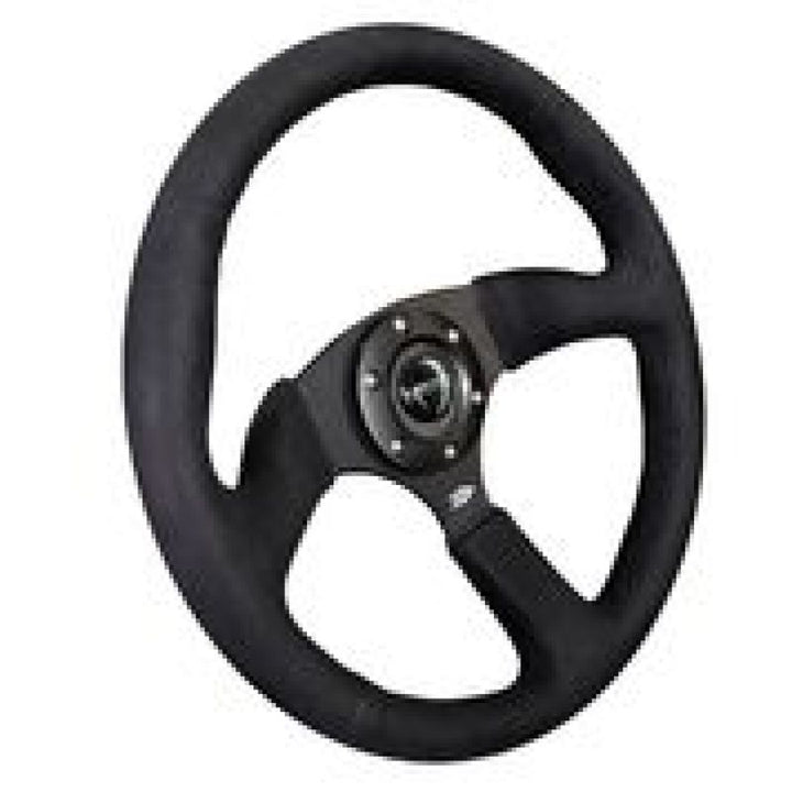 NRG Reinforced Steering Wheel (350mm / 2.5in. Deep)Blk Alcantara Comfort Grip w/4mm Matte Blk Spokes - Bull Strap
