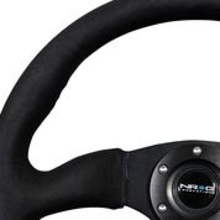 NRG Reinforced Steering Wheel (350mm / 2.5in. Deep)Blk Alcantara Comfort Grip w/4mm Matte Blk Spokes - Bull Strap