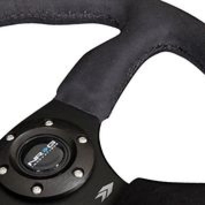 NRG Reinforced Steering Wheel (350mm / 2.5in. Deep)Blk Alcantara Comfort Grip w/4mm Matte Blk Spokes - Bull Strap