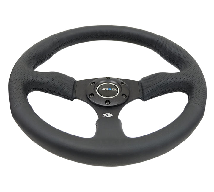 NRG Reinforced Steering Wheel (350mm / 2.5in. Deep) Blk Leather Comfort Grip w/5mm Matte Blk Spokes - Bull Strap