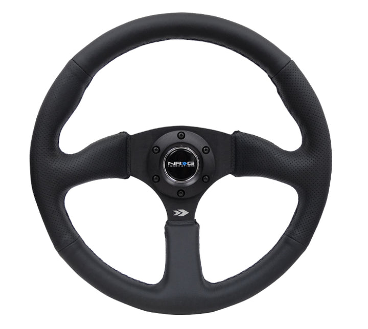 NRG Reinforced Steering Wheel (350mm / 2.5in. Deep) Blk Leather Comfort Grip w/5mm Matte Blk Spokes - Bull Strap