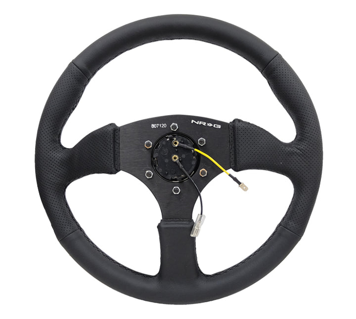 NRG Reinforced Steering Wheel (350mm / 2.5in. Deep) Blk Leather Comfort Grip w/5mm Matte Blk Spokes - Bull Strap