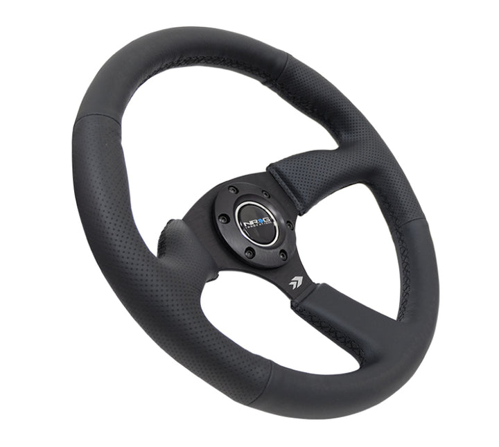 NRG Reinforced Steering Wheel (350mm / 2.5in. Deep) Blk Leather Comfort Grip w/5mm Matte Blk Spokes - Bull Strap