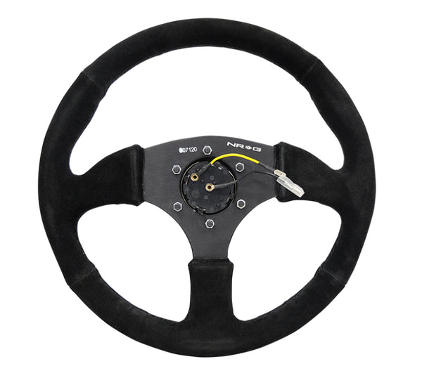 NRG Reinforced Steering Wheel (350mm / 2.5in. Deep) Blk Suede Comfort Grip w/5mm Matte Blk Spokes - Bull Strap