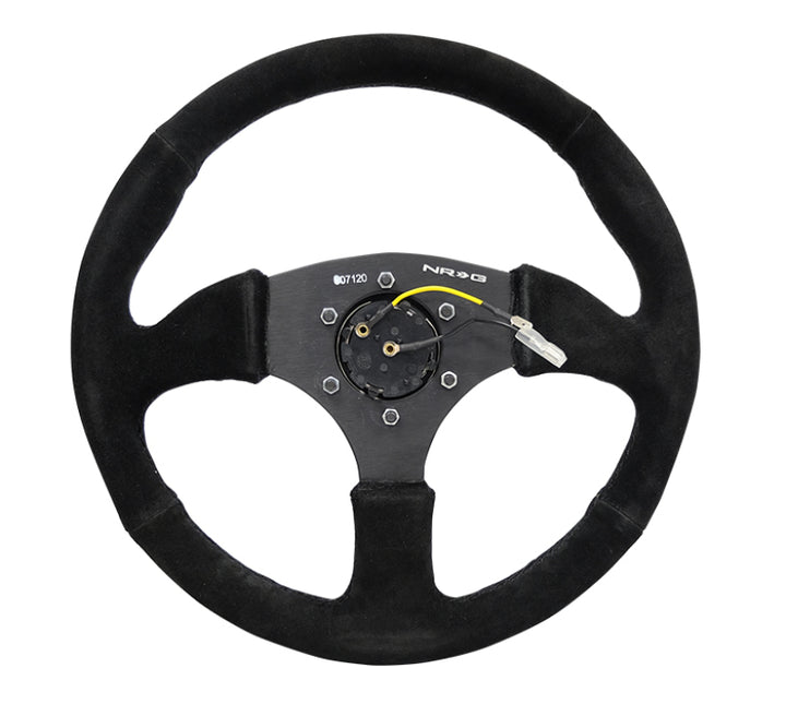 NRG Reinforced Steering Wheel (350mm / 2.5in. Deep) Blk Suede Comfort Grip w/5mm Matte Blk Spokes - Bull Strap