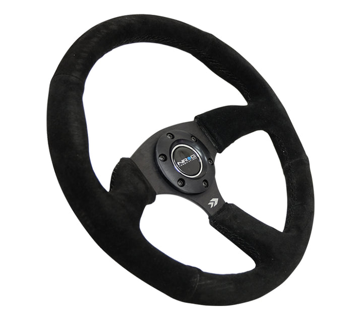 NRG Reinforced Steering Wheel (350mm / 2.5in. Deep) Blk Suede Comfort Grip w/5mm Matte Blk Spokes - Bull Strap