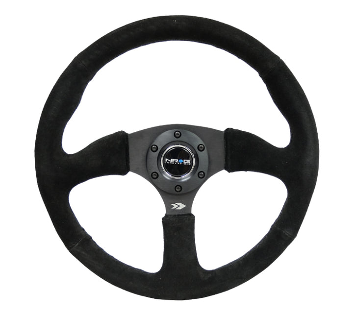NRG Reinforced Steering Wheel (350mm / 2.5in. Deep) Blk Suede Comfort Grip w/5mm Matte Blk Spokes - Bull Strap