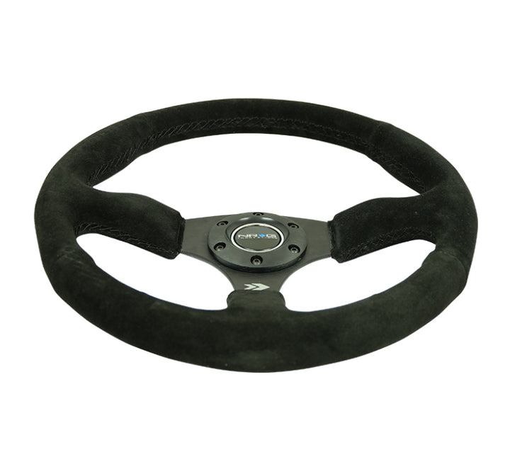 NRG Reinforced Steering Wheel (350mm / 2.5in. Deep) Blk Suede Comfort Grip w/5mm Matte Blk Spokes - Bull Strap