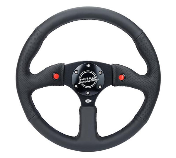 NRG Reinforced Steering Wheel (350mm/ 2.5in. Deep) Sport Leather Racing/ 4mm Matte Black Spoke - Bull Strap