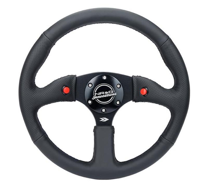 NRG Reinforced Steering Wheel (350mm/ 2.5in. Deep) Sport Leather Racing/ 4mm Matte Black Spoke - Bull Strap
