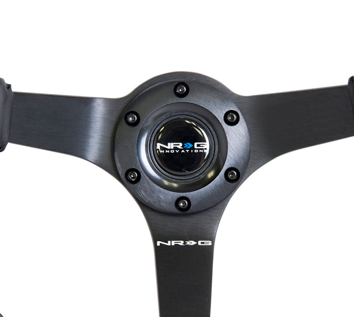 NRG Reinforced Steering Wheel (350mm / 3in. Deep) Bk Leather w/Bk BBall Stitch (Odi Bakchis Edition) - Bull Strap