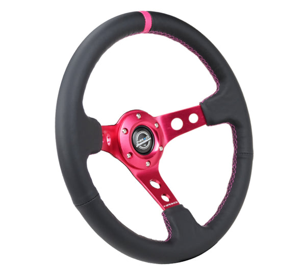NRG Reinforced Steering Wheel (350mm/3in. Deep) Black Leather/ Fushia Center Mark/ Fushia Stitching - Bull Strap