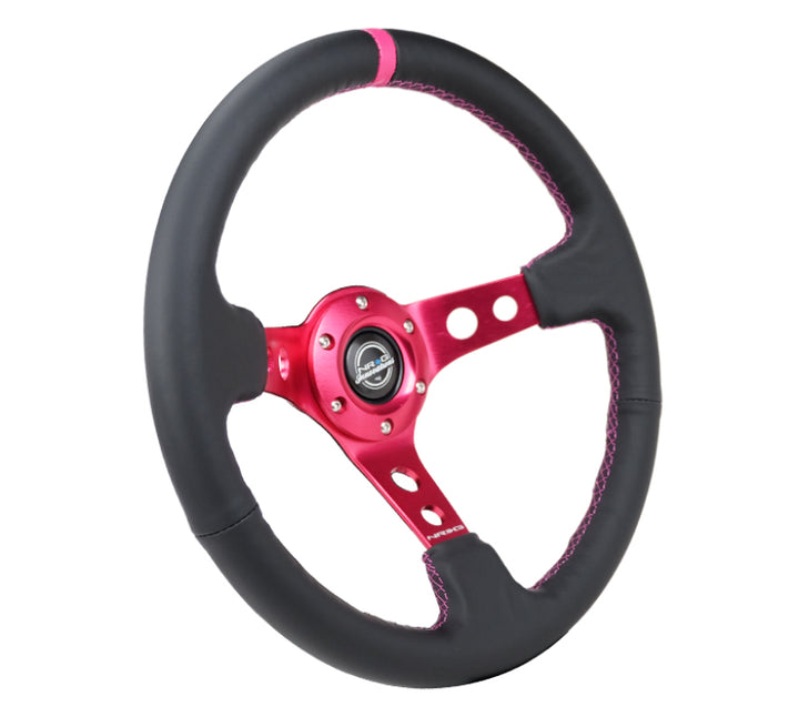 NRG Reinforced Steering Wheel (350mm/3in. Deep) Black Leather/ Fushia Center Mark/ Fushia Stitching - Bull Strap
