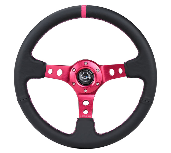 NRG Reinforced Steering Wheel (350mm/3in. Deep) Black Leather/ Fushia Center Mark/ Fushia Stitching - Bull Strap