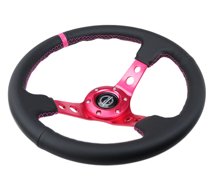 NRG Reinforced Steering Wheel (350mm/3in. Deep) Black Leather/ Fushia Center Mark/ Fushia Stitching - Bull Strap