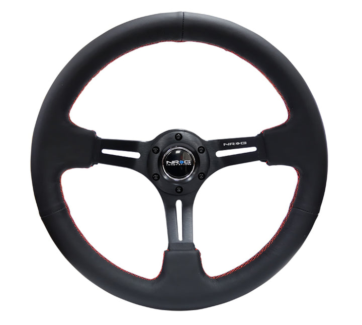 NRG Reinforced Steering Wheel (350mm / 3in. Deep) Black Leather/Red Stitch & Blk 3-Spoke w/Slits - Bull Strap