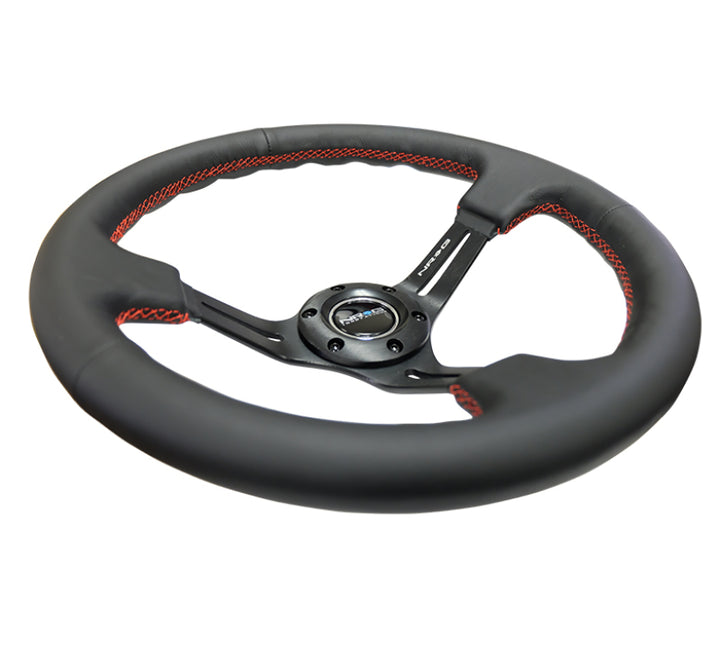 NRG Reinforced Steering Wheel (350mm / 3in. Deep) Black Leather/Red Stitch & Blk 3-Spoke w/Slits - Bull Strap