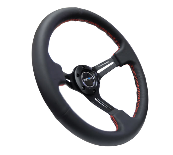 NRG Reinforced Steering Wheel (350mm / 3in. Deep) Black Leather/Red Stitch & Blk 3-Spoke w/Slits - Bull Strap