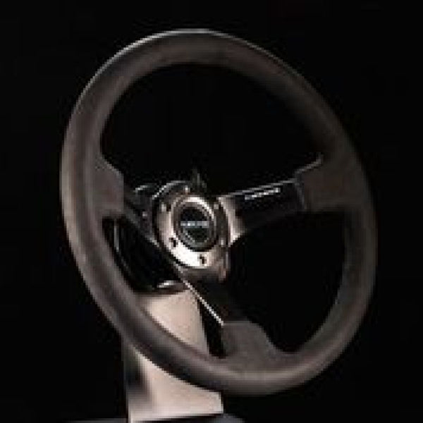 NRG Reinforced Steering Wheel (350mm / 3in. Deep) Black Leather w/ Alcantara Stitching - Bull Strap