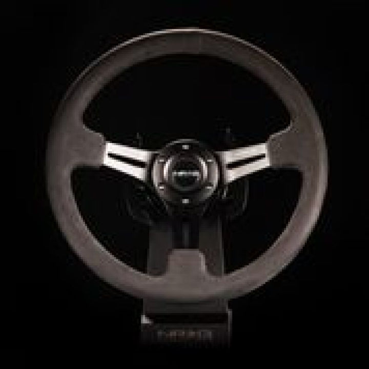 NRG Reinforced Steering Wheel (350mm / 3in. Deep) Black Leather w/ Alcantara Stitching - Bull Strap