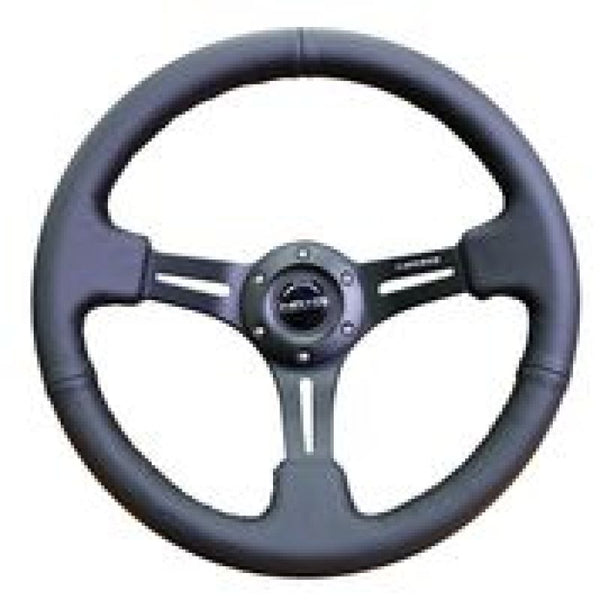 NRG Reinforced Steering Wheel (350mm / 3in. Deep) Black Leather w/ Black Stitching - Bull Strap