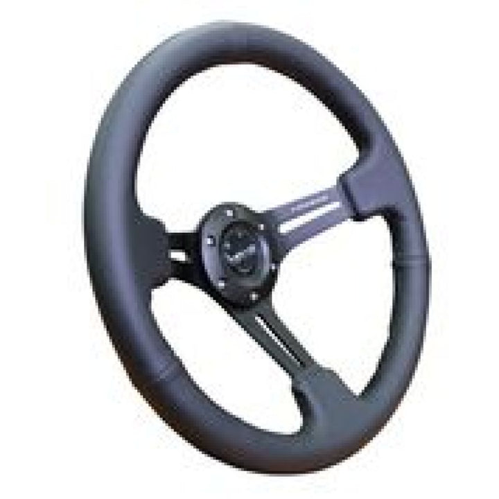 NRG Reinforced Steering Wheel (350mm / 3in. Deep) Black Leather w/ Black Stitching - Bull Strap