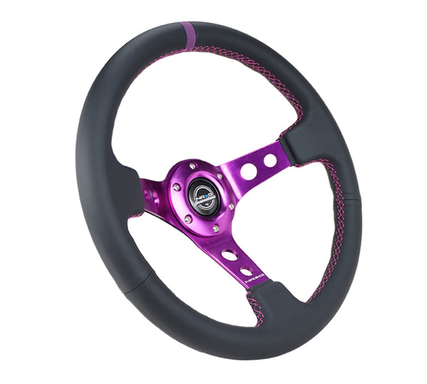 NRG Reinforced Steering Wheel (350mm / 3in. Deep) Black Leather w/Purple Center & Purple Stitching - Bull Strap