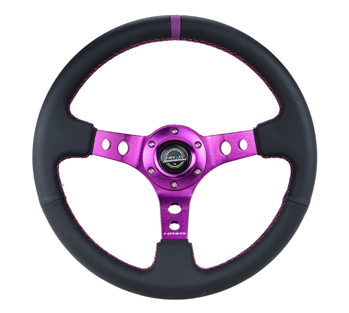 NRG Reinforced Steering Wheel (350mm / 3in. Deep) Black Leather w/Purple Center & Purple Stitching - Bull Strap