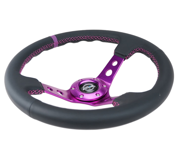 NRG Reinforced Steering Wheel (350mm / 3in. Deep) Black Leather w/Purple Center & Purple Stitching - Bull Strap
