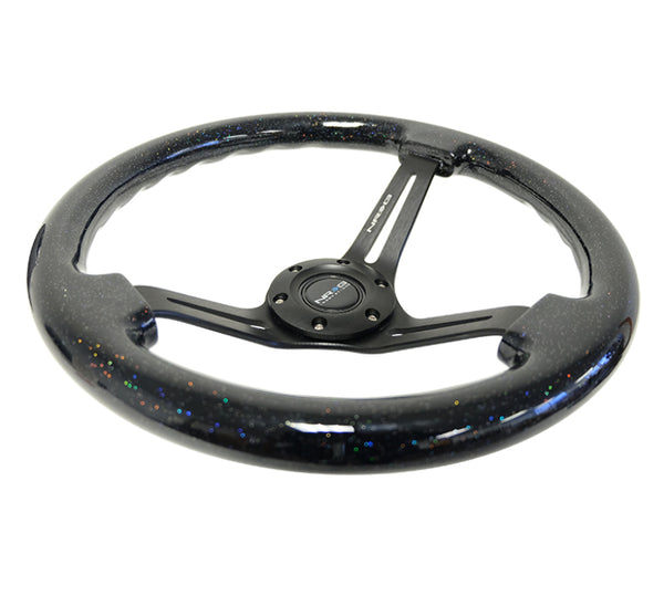 NRG Reinforced Steering Wheel (350mm / 3in. Deep) Black Multi Color Flake Wood w/ Black Matte Center - Bull Strap