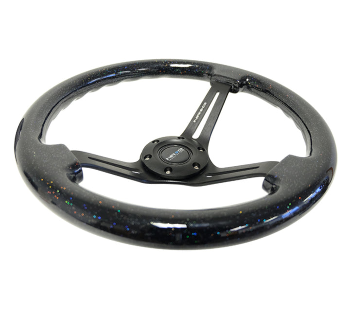 NRG Reinforced Steering Wheel (350mm / 3in. Deep) Black Multi Color Flake Wood w/ Black Matte Center - Bull Strap