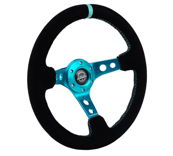 NRG Reinforced Steering Wheel (350mm/ 3in. Deep) Black Suede/ Teal Center Mark/ Teal Stitching - Bull Strap