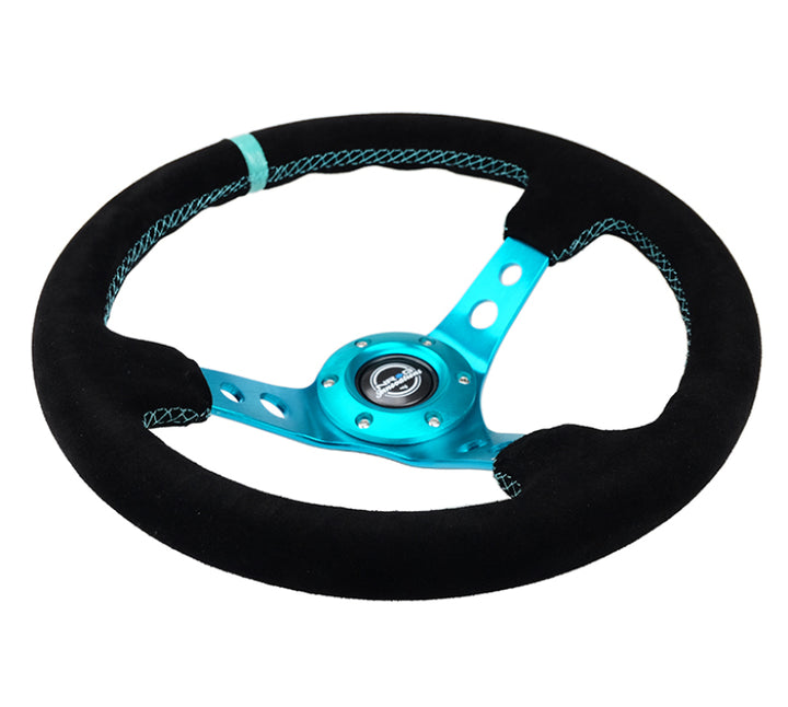 NRG Reinforced Steering Wheel (350mm/ 3in. Deep) Black Suede/ Teal Center Mark/ Teal Stitching - Bull Strap
