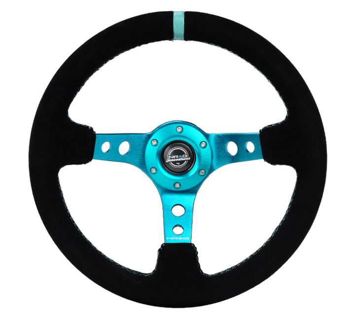 NRG Reinforced Steering Wheel (350mm/ 3in. Deep) Black Suede/ Teal Center Mark/ Teal Stitching - Bull Strap