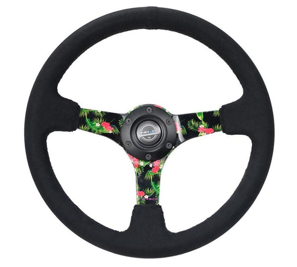 NRG Reinforced Steering Wheel (350mm / 3in. Deep) Black Suede w/ 5mm Floral 3-Spoke Center - Bull Strap
