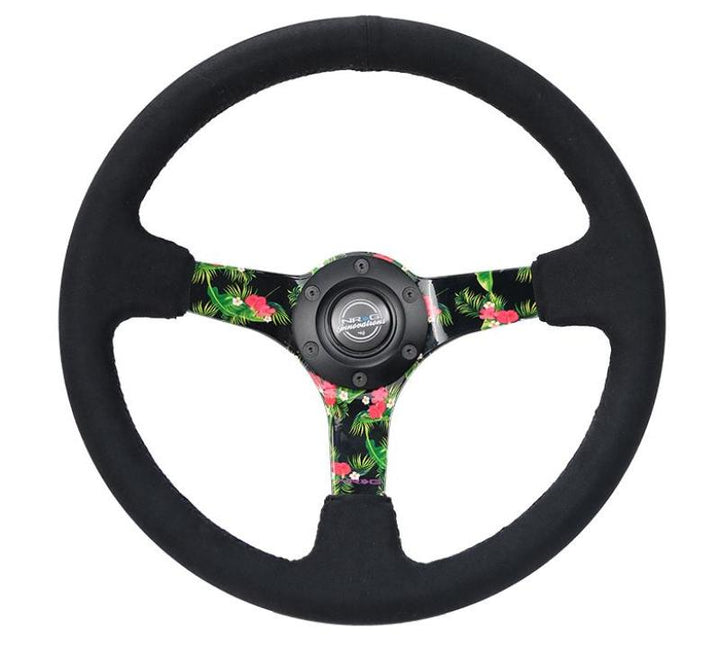 NRG Reinforced Steering Wheel (350mm / 3in. Deep) Black Suede w/ 5mm Floral 3-Spoke Center - Bull Strap