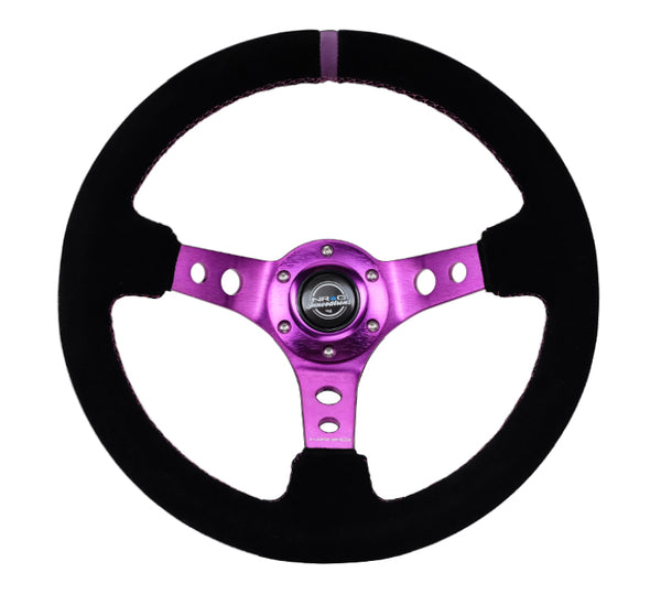 NRG Reinforced Steering Wheel (350mm / 3in. Deep) Black Suede w/Purple Center & Purple Stitching - Bull Strap