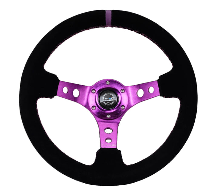 NRG Reinforced Steering Wheel (350mm / 3in. Deep) Black Suede w/Purple Center & Purple Stitching - Bull Strap