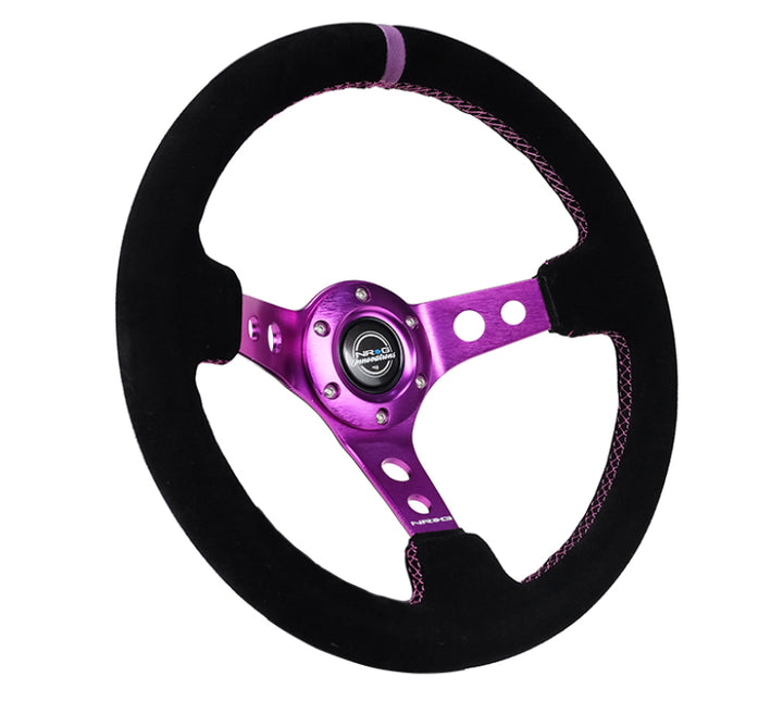 NRG Reinforced Steering Wheel (350mm / 3in. Deep) Black Suede w/Purple Center & Purple Stitching - Bull Strap