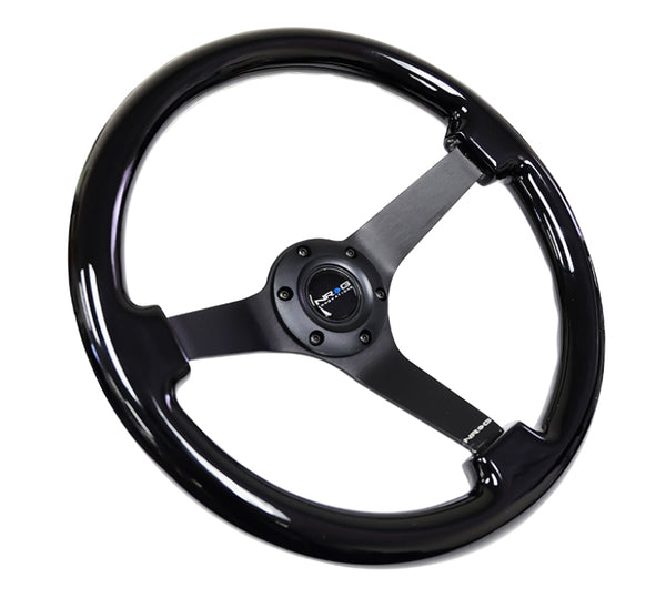 NRG Reinforced Steering Wheel (350mm / 3in. Deep) Black w/Black Chrome Solid 3-Spoke Center - Bull Strap