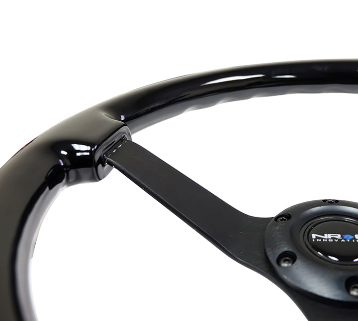 NRG Reinforced Steering Wheel (350mm / 3in. Deep) Black w/Black Chrome Solid 3-Spoke Center - Bull Strap