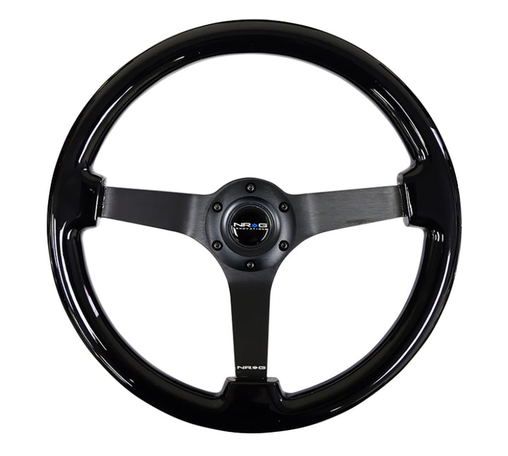 NRG Reinforced Steering Wheel (350mm / 3in. Deep) Black w/Black Chrome Solid 3-Spoke Center - Bull Strap