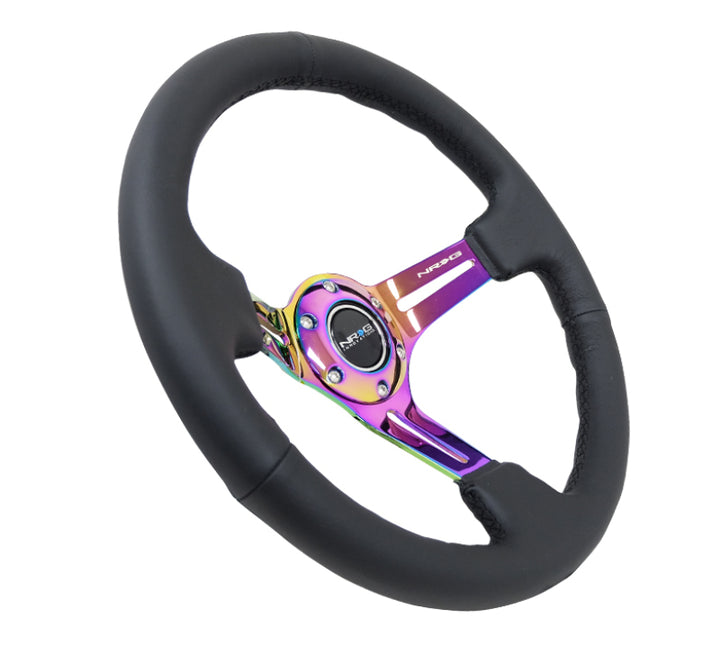 NRG Reinforced Steering Wheel (350mm / 3in. Deep) Blk Leather/Blk Stitch w/Neochrome Slits - Bull Strap
