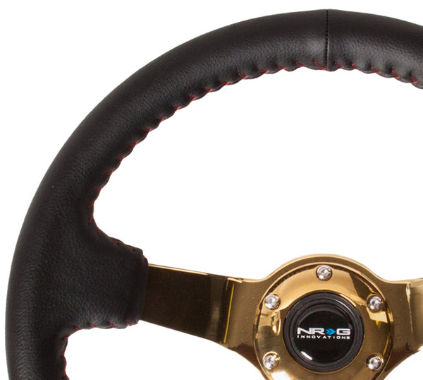 NRG Reinforced Steering Wheel (350mm / 3in. Deep) Blk Leather/Red BBall Stitch w/4mm Gold Spokes - Bull Strap