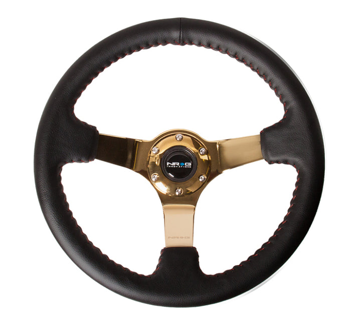 NRG Reinforced Steering Wheel (350mm / 3in. Deep) Blk Leather/Red BBall Stitch w/4mm Gold Spokes - Bull Strap