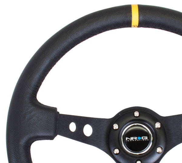 NRG Reinforced Steering Wheel (350mm / 3in. Deep) Blk Leather w/Blk Cutout Spoke/Yellow Center Mark - Bull Strap