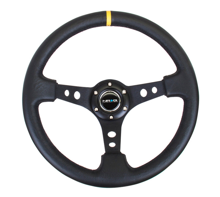 NRG Reinforced Steering Wheel (350mm / 3in. Deep) Blk Leather w/Blk Cutout Spoke/Yellow Center Mark - Bull Strap