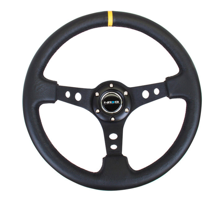 NRG Reinforced Steering Wheel (350mm / 3in. Deep) Blk Leather w/Blk Cutout Spoke/Yellow Center Mark - Bull Strap